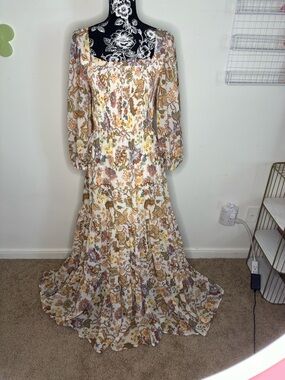 Flying Tomato Ivory 70s Floral Maxi Dress with Brown and Mustard Print, Lg